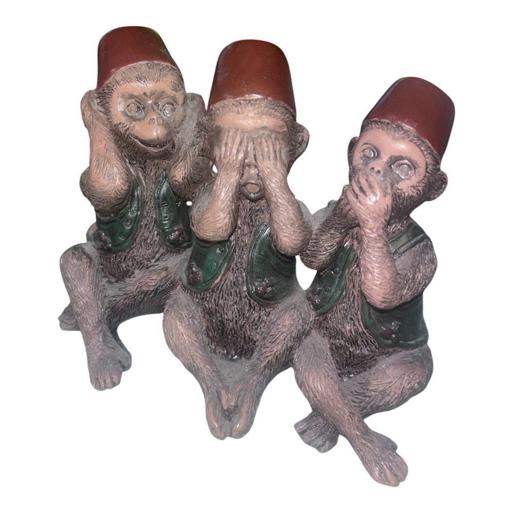 Three Wise Moroccan Monkeys See, Hear, and Speak no Evil Figurine Resin 6" Long